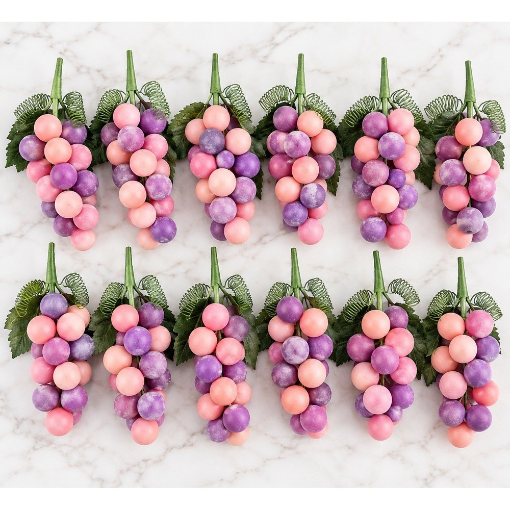 Vintage Pink Purple Composition Grapes Set of 12 Made in Korea Faux Fruit Decor